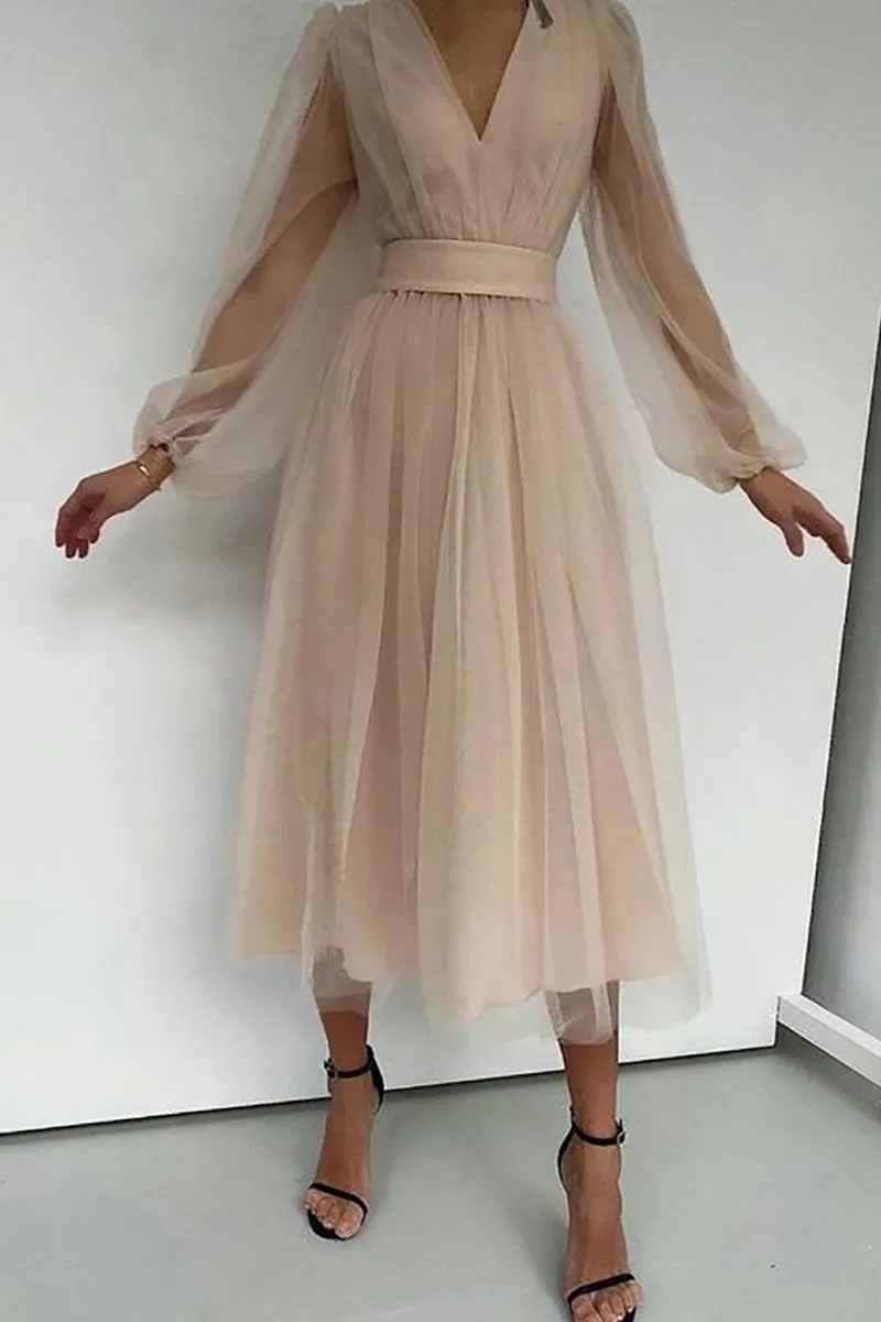 V Neck Tulle Long Sleeve Midi Dress